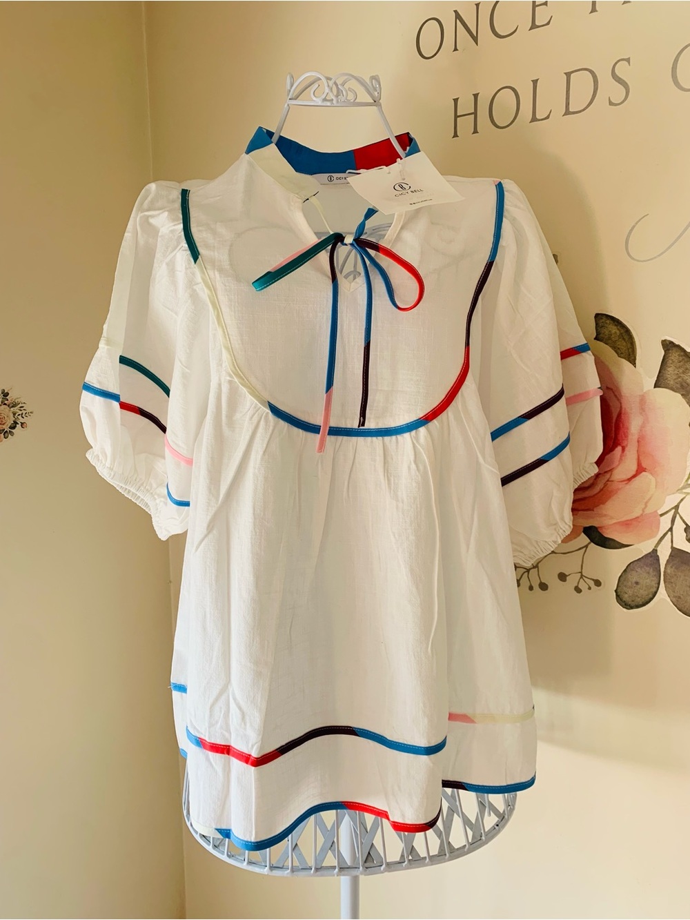 Cicy Bell White Rainbow Stripe Babydoll V- Neck Flowy Blouse Boho Large NWT